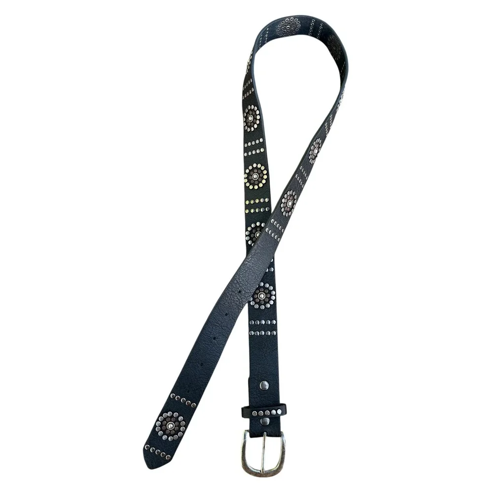 Genuine Leather Studded Western Boho Belt Black Silver Copper‎ Accents 6283 ML